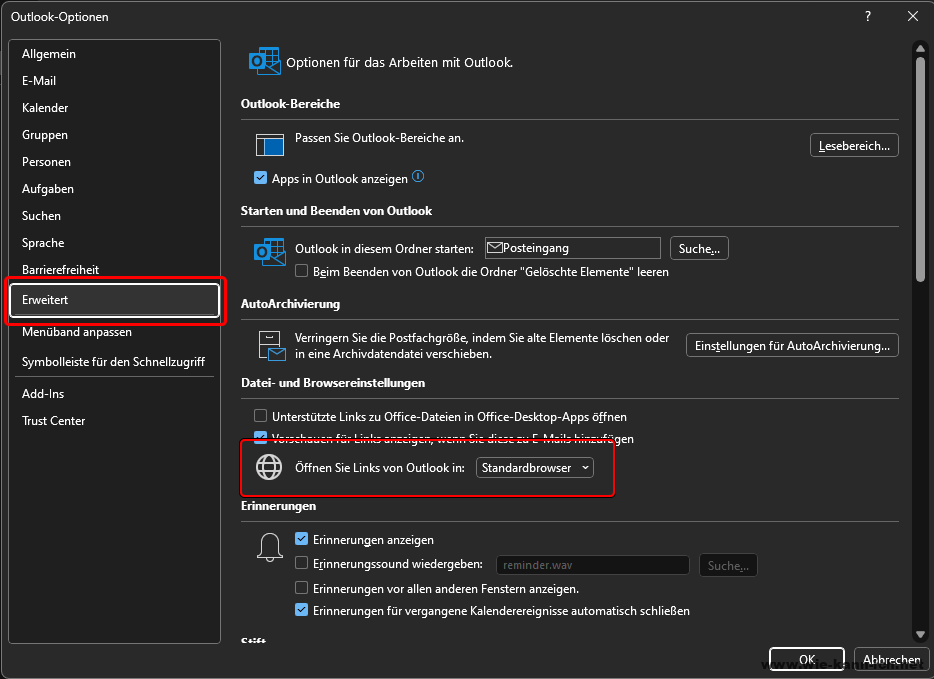 Screenshot der Einstellungen von Outlook zum Öffnen von Links