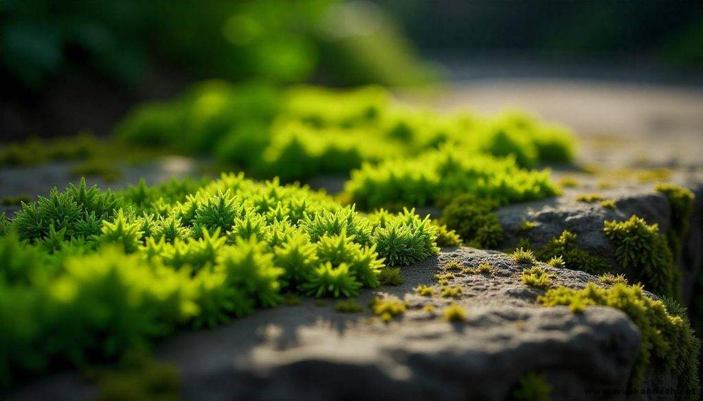 Grünbelag und Moos auf Steinen im Garten