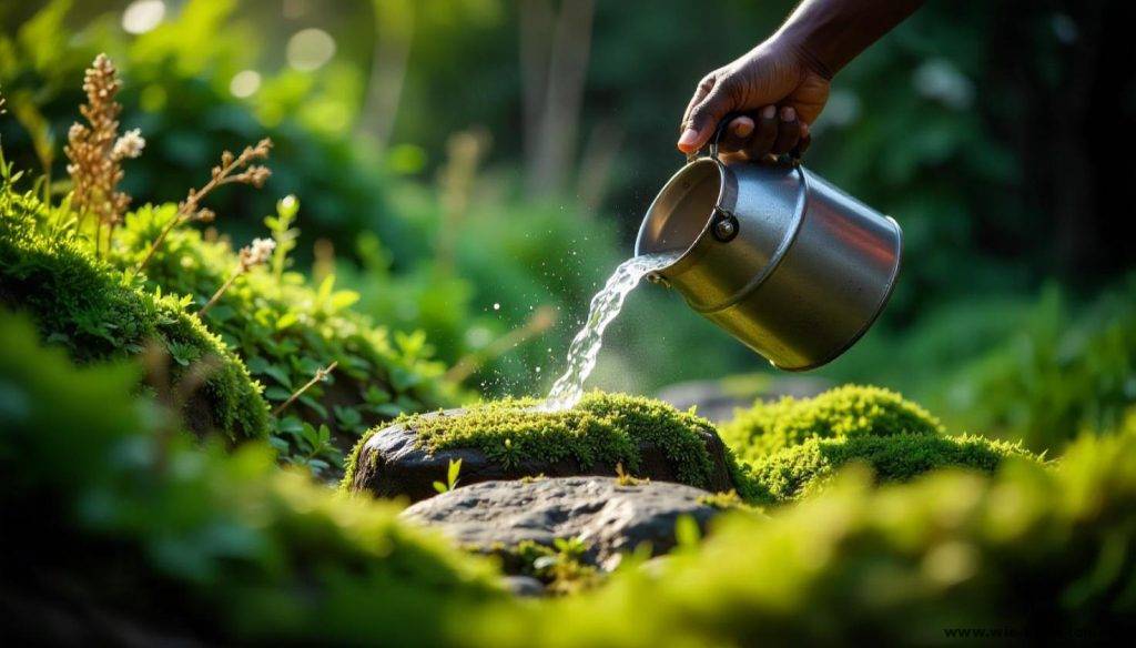 Heißes Wasser auf Grünbelag gießen